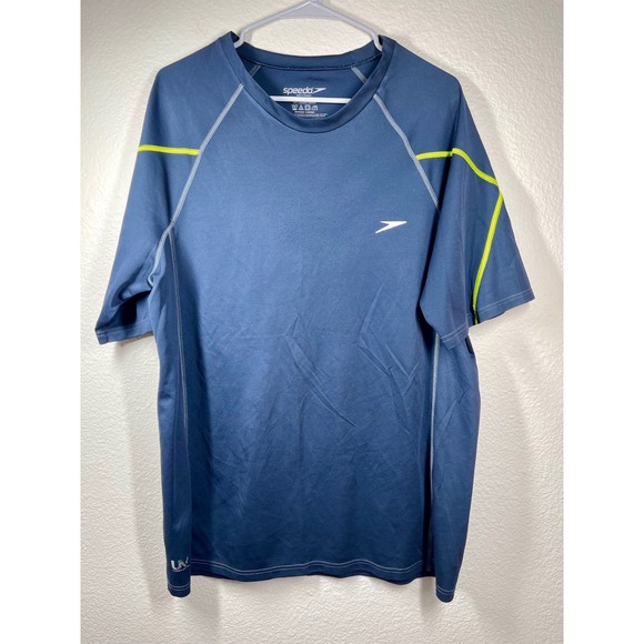Speedo Mens Swim Shirt Rash Guard Size L Blue Short Sleeve Athletic Top - Picture 1 of 8